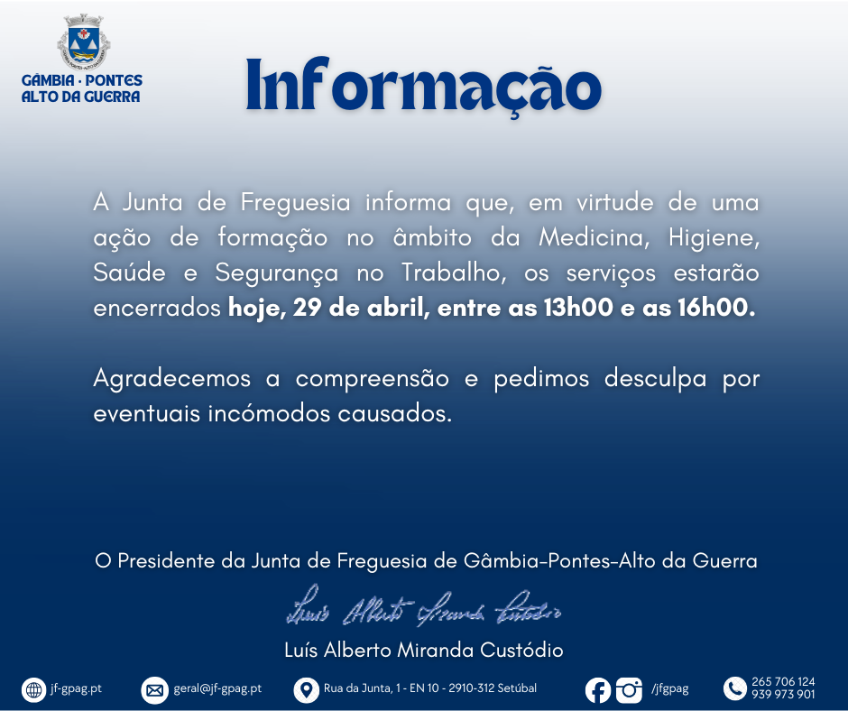 Serviços da Junta encerram das 14h às 16h a 29 de abril 